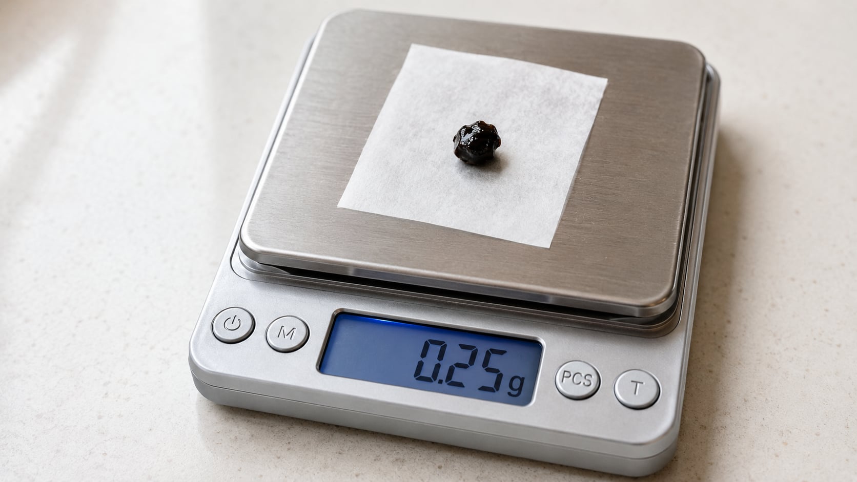 Precisie-weegschaal toont 0,25 gram shilajit resin op bakpapier