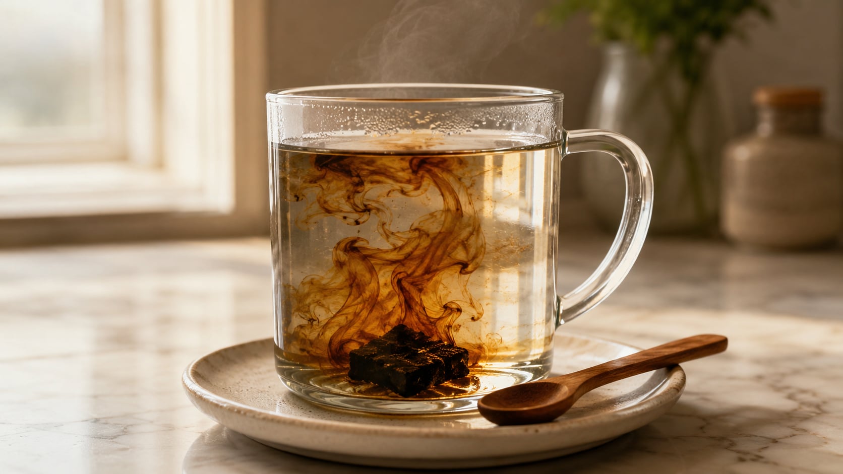 Shilajit resin lost op in een glazen mok met warm water tot een goudbruine vloeistof
