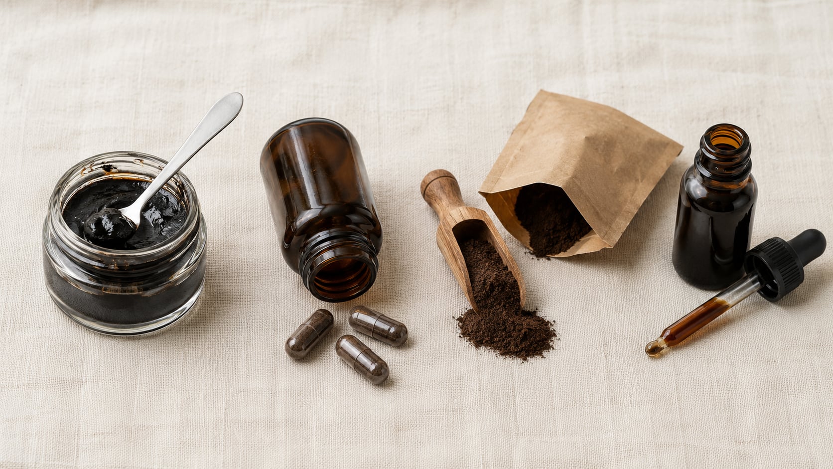 Vier vormen van shilajit naast elkaar: resin, capsules, poeder en vloeibaar extract